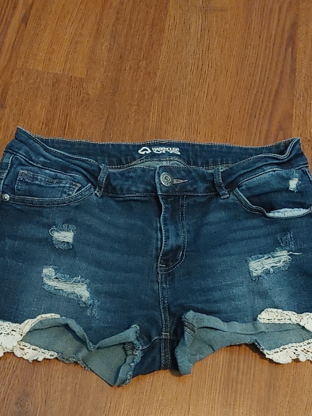 Warehouse One Navy Distressed Denim Shorts with Lace Trim Sz 10